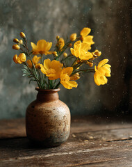 Vibrant Yellow Flower Bouquet in Rustic Vase on Wooden Table