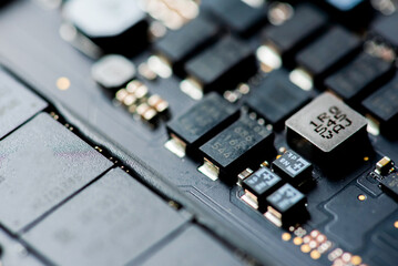 Abstract, Close up at electronic circuits, we see the technology of the mainboard, which is the...