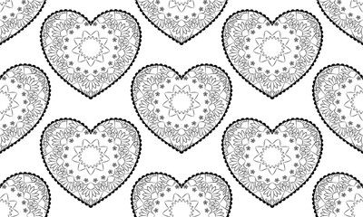 pattern designs with mandala flower and heart shape on white background , design for fabric or various pattern printing works.
