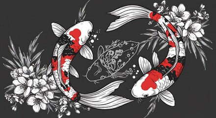墨彩の躍動：紅白の鯉と桜