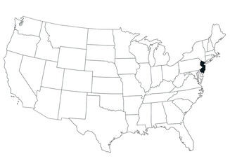 Fototapeta premium Map of new jersey State in United States country on white background. Single State map highlighted by black colour on United States of America map. UNITED STATES, US