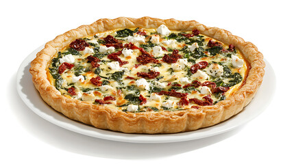 Quiche with Spinach, Feta Cheese, and Sundried Tomatoes on a White Plate