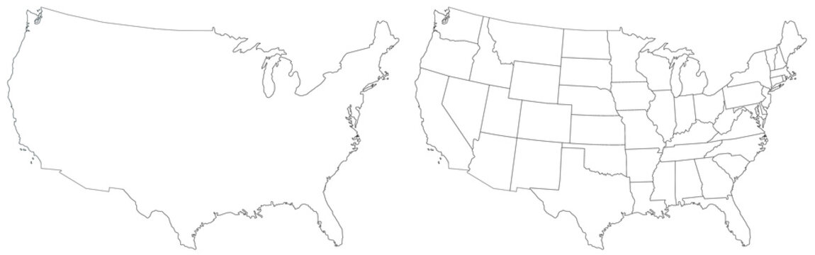 America map, United States administrative map, United States outline and States country map set - illustration version