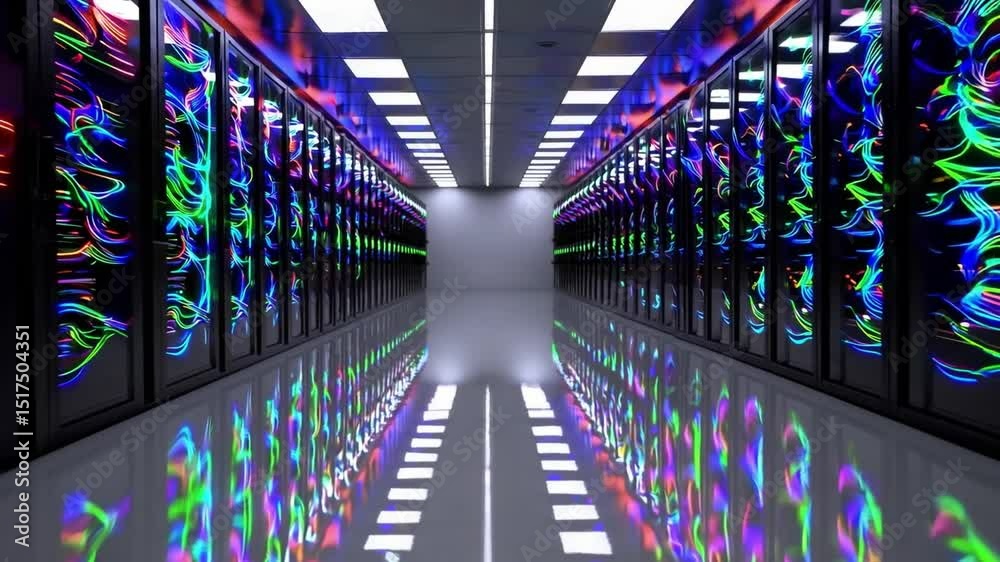 Poster Modern data center with neon glow, pulsating server lights, technology reflection, futuristic corridor, vibrant and colorful