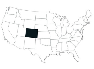 Fototapeta premium Map of Colorado State in United States country on white background. Single State map highlighted by black colour on United States of America map. UNITED STATES, US