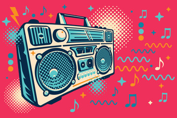 Music design - playing boom box tape recorder and musical notes