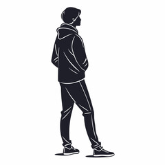 Monochrome Silhouette of a Man Standing in Profile, Wearing Hoodie and Boots, for Urban Youth and Casual Style Concepts