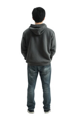 Naklejka premium Person Wearing Hoodie and Jeans from Behind Isolated on Black