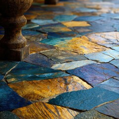Close-up of a mosaic stone floor with various colors