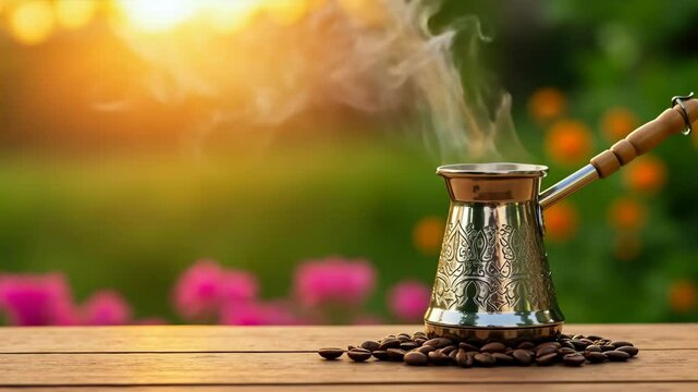 Traditional copper Turkish coffee pot with steam and coffee beans on wooden table. Authentic brewing method and cultural beverage tradition. Cafe heritage and hospitality