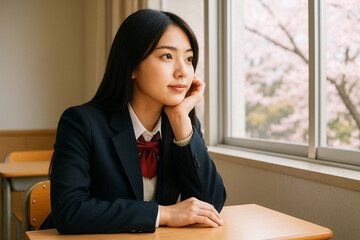 教室で窓の外を見つめる女子学生（桜の季節）