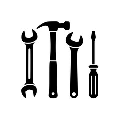 Silhouette of essential hand tools including hammer, wrenches, and screwdriver