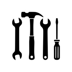 Silhouette of essential hand tools including hammer, wrenches, and screwdriver