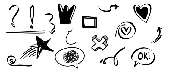 Hand drawn set of doodle design elements. Crown, arrow, curly swishes, exclamation, star, hearts. used for infographic concept design