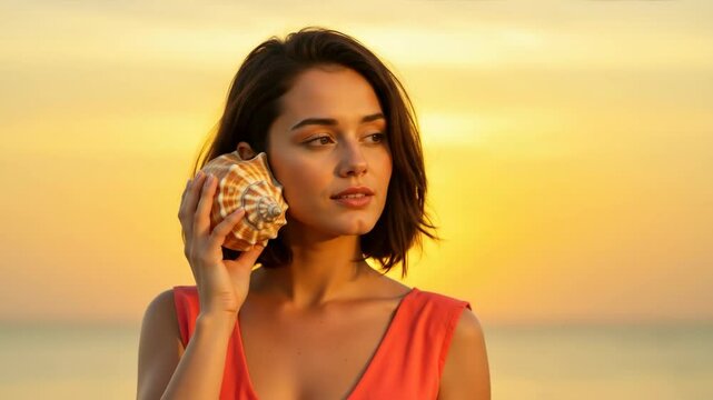Beautiful brunette woman holding seashell to ear on golden sunset beach wearing coral dress. Summer vacation and coastal relaxation. Travel tourism and romantic getaway content