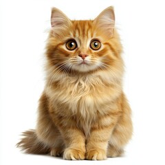 Adorable orange long-haired tabby kitten with bright eyes and fluffy fur sitting on a white background, looking directly at the camera, in a home or studio setting
