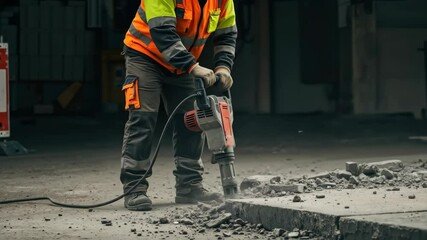 Construction worker using jackhammer to break concrete pavement in safety vest. Road repair and demolition work. Infrastructure maintenance and urban development project
