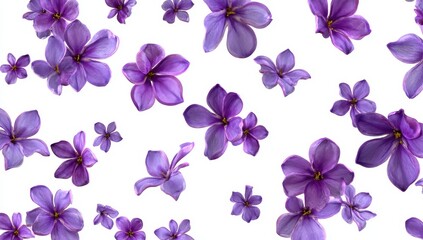 Delicate purple flowers scattered on white background