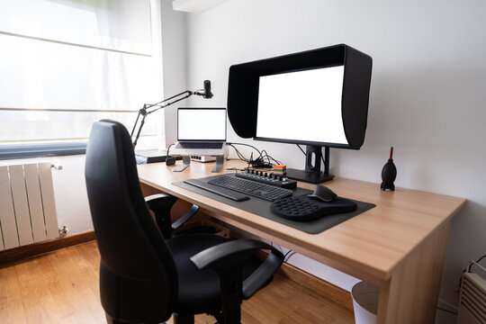 Modern home office setup for audiovisual editing and post production