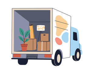 Flat cartoon vector illustration of moving truck with boxes and home items. Relocation process, transportation of furniture, decor and belongings, new home concept, real estate, lifestyle change