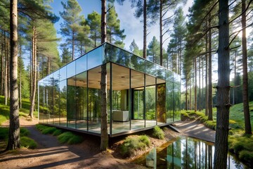 Futuristic glass mirror house in forest surrounded by trees perfect for luxury real estate advertisement property agency branding and promotional content olgamcs backgrounds ads business art