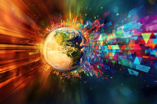 Earth globe with multicolored rhombuses expanding outward, digital abstract art