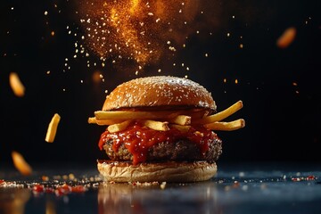 Dynamic spinning shot of classic hamburger, fries, and sauce against dark studio setup