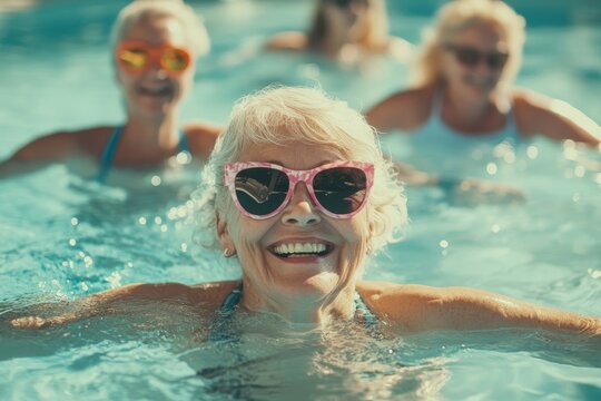 Active senior women enjoying aqua fit class in a pool, displaying joy and camaraderie, embodying a healthy, retired lifestyle
