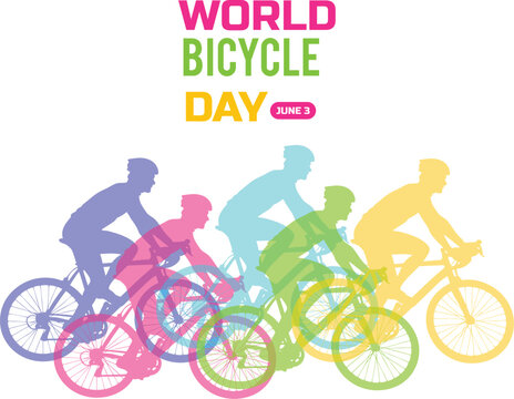 Silhouette of cyclist celebrating world bicycle day with world map background on june 3rd