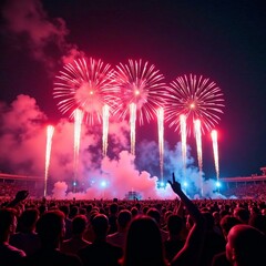 Obraz premium Dazzling fireworks illuminate the stage as crowd cheers in unison, fireworks, night lights, concert