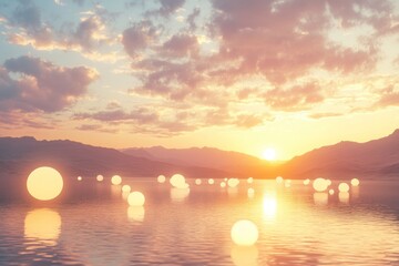 Dreamy desert sunset with glowing spheres hovering above lake