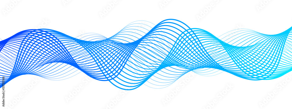 Poster Abstract digital composition with smooth, flowing waveforms blue lines. Overlapping sine-wave patterns. Sense of motion, lightness, and digital fluidity. Gradient varies modern technological aesthetic