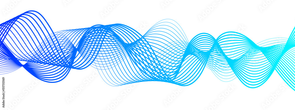 Poster Abstract digital composition with smooth, flowing waveforms blue lines. Overlapping sine-wave patterns. Sense of motion, lightness, and digital fluidity. Gradient varies modern technological aesthetic