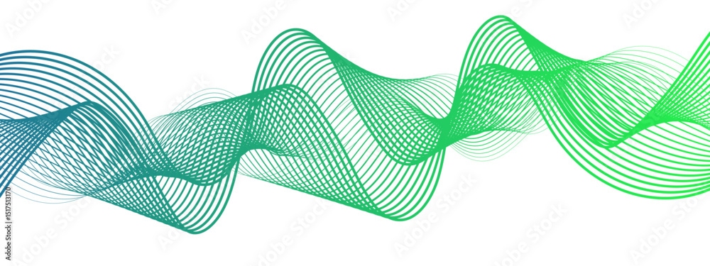 Poster abstract digital composition with smooth, flowing waveforms blue lines. overlapping sine-wave patter