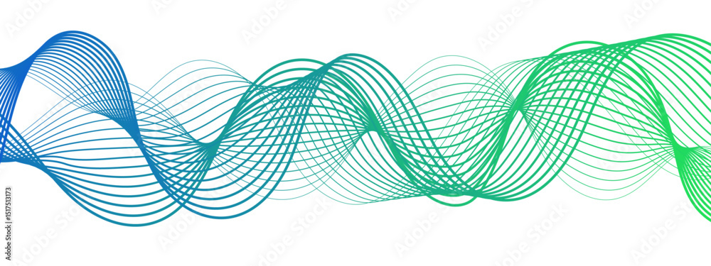 Poster Abstract digital composition with smooth, flowing waveforms blue lines. Overlapping sine-wave patterns. Sense of motion, lightness, and digital fluidity. Gradient varies modern technological aesthetic