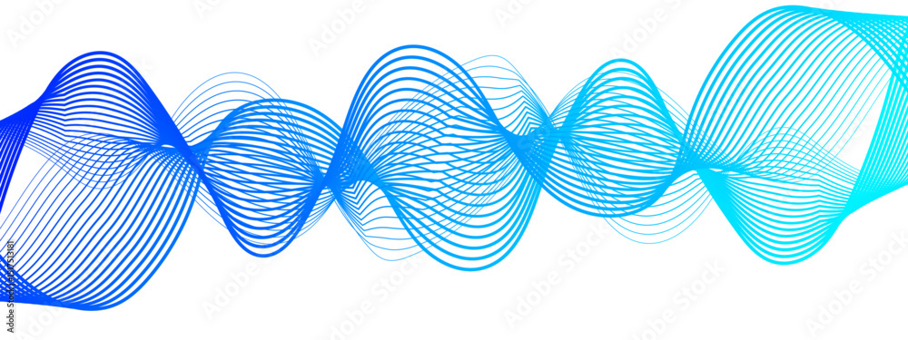 Poster Abstract digital composition with smooth, flowing waveforms blue lines. Overlapping sine-wave patterns. Sense of motion, lightness, and digital fluidity. Gradient varies modern technological aesthetic