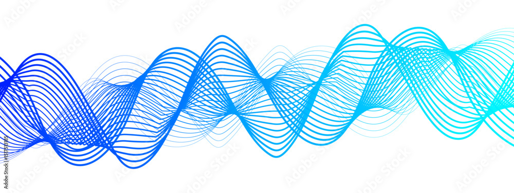 Poster Abstract digital composition with smooth, flowing waveforms blue lines. Overlapping sine-wave patterns. Sense of motion, lightness, and digital fluidity. Gradient varies modern technological aesthetic