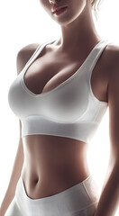 Close-up of a fit young woman with a perfect waistline wearing white top and pants, photographed in clean studio with soft lighting for fashion, fitness, and beauty stock imagery needs