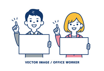 フリップを持って説明する、ビジネスマンのシンプルなベクターイラスト素材＿男女セット