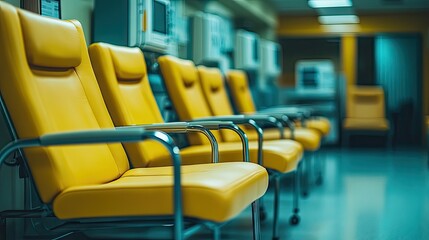 Fototapeta premium Row of bright yellow chairs in a medical waiting area.