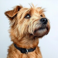 Close-up portrait of a small adorable terrier mix dog with expressive blue eyes and fluffy fur, wea a black collar against a plain white background