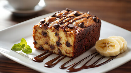 Chocolate Chip Banana Cake with Sliced Bananas and Chocolate Drizzle