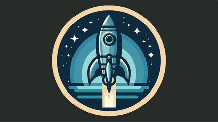 a logo that features a retro-inspired rocket ship, shades of blue and grey