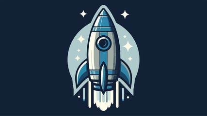 a logo that features a retro-inspired rocket ship, shades of blue and grey