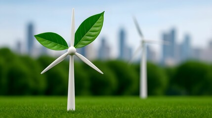 Wind turbines with green leaves symbolizing renewable energy in a cityscape during daytime