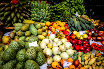 Beautiful view of a stunning assortment of fresh, exotic fruits at the Mercado dos Lavradores...
