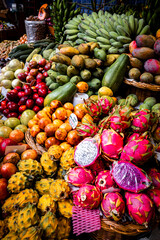 Beautiful view of a stunning assortment of fresh, exotic fruits at the Mercado dos Lavradores (farmers' market) in Funchal, Madeira, Portugal