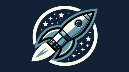 a logo that features a retro-inspired rocket ship, shades of blue and grey