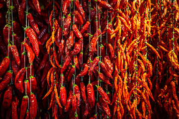 Great view of thousands of threaded chili peppers hanging from a wall at the Mercado dos Lavradores...