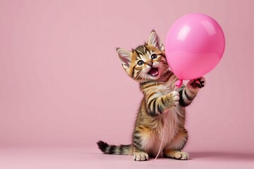 Kitten grasping pink balloon with paw in playful pose , balloon, cute animal, kitty